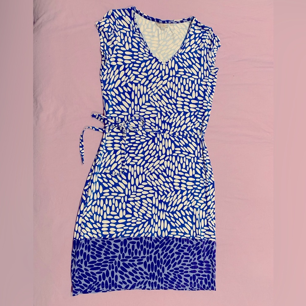 Boden Jersey Short Sleeve Dress - 8 - vivid blue colors, tie waist, seed print